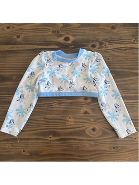Girls Bluey Cropped Swim Top 4T White Blue Palm Tree Long Sleeve Swim Shirt
